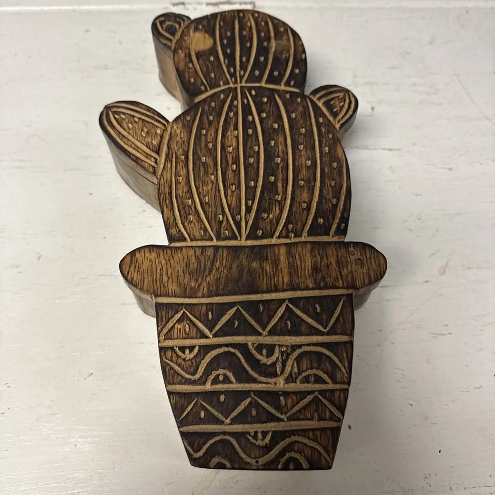 Wooden Cactus Hand Carved Wood Box Boho Southwest Design Swing Hinge Lid 10